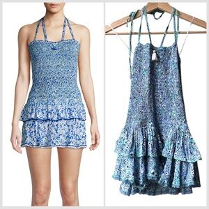Poupette St Barth Girls Yoana Bandeau Smocked Dress in Blue Malva Floral Sz XL